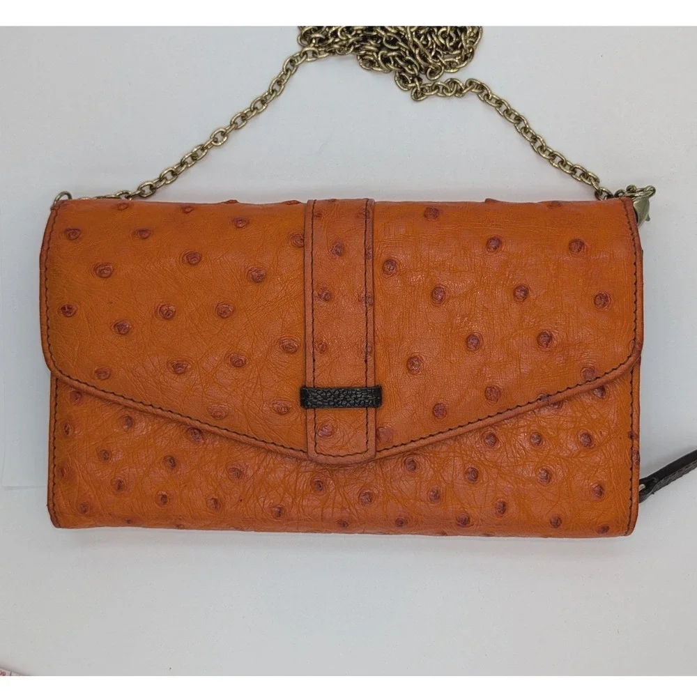 Genuine Ostrich Leather Crossbody Bag Clutch Removable Golden Chain Burnt Orange